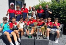 SC Cham D9a blickt auf eine Traumsaison zurück Young soccer team posing with trophies on outdoor seating, fists raised in celebration after a tournament win.
