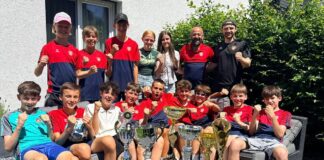 Young soccer team posing with trophies on outdoor seating, fists raised in celebration after a tournament win.