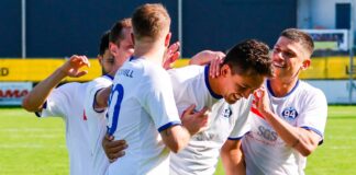 Soccer players in white jerseys celebrate a goal on a sunny green field.