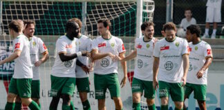 A group of soccer players in white jerseys and green shorts celebrate on the field near the goal.