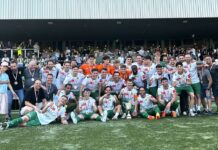 SC Kriens mit attraktiven Saisonkarten Group of soccer players and staff posing on the field with medals and a trophy after a win, stadium stands in the background.
