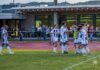 Meilenstein für Hochdorf: Einweihung neuer Arena-Rasen Soccer players in blue-and-white striped kits celebrate together near the track while a few spectators watch from behind a railing.