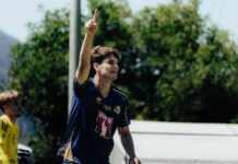 Luzern schlägt Wil zum Trainingslager-Abschluss Young man in a blue sports jersey raises his index finger in celebration outdoors during a game.