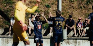 Two soccer players in blue celebrate with a high-five on the field, a yellow-clad goalkeeper blurred in the foreground.