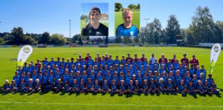 Group photo of a large youth soccer team in blue jerseys on a sunny field, with two inset headshots above.