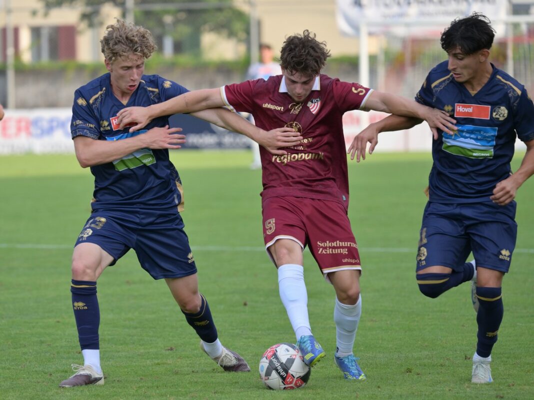 Three soccer players in blue and maroon kits compete for the ball on a green field during a match, with the central maroon player shielding the ball from two opponents.