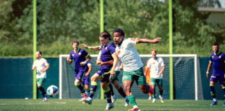 Soccer players chase the ball during a match on a sunny field, with a goal in the background.
