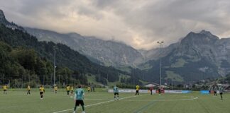 Soccer match on a green field with players in yellow and teal jerseys, mountains in the background under cloudy skies.