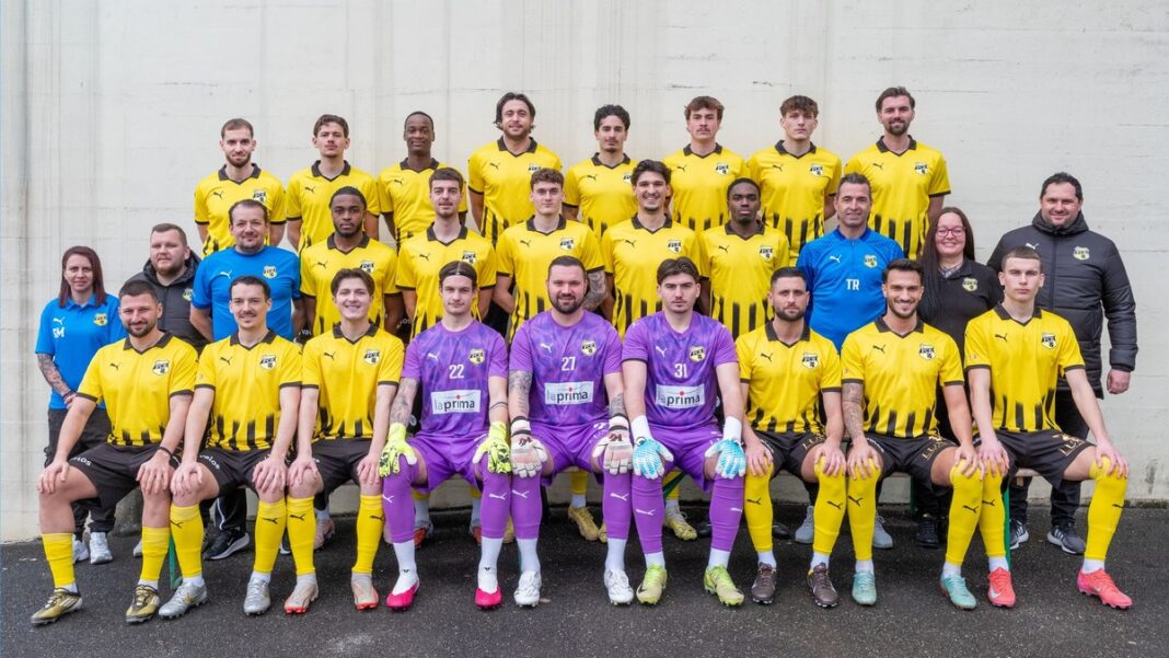 Group portrait of a soccer team in yellow and black kits, with four goalkeepers in purple jerseys seated in front row.