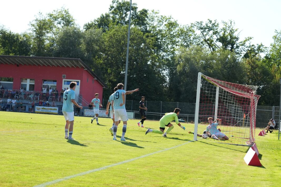 DSC00723 Soccer match scene: players in light-blue jerseys near the goal as the goalkeeper in neon yellow dives to reach the ball by the net.
