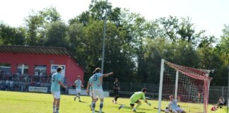 Soccer match scene: players in light-blue jerseys near the goal as the goalkeeper in neon yellow dives to reach the ball by the net.
