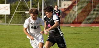 Two soccer players chase a ball on a green field, one in white and one in black, near a goal in the background.