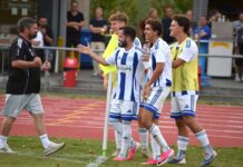 Hochdorf mit Forfaitsieg gegen Emmen Soccer players in white and blue striped kits celebrate near the sideline, gesturing and smiling at a coach