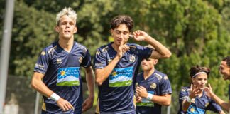 Young soccer players in navy and gold uniforms run together on a sunny field, celebrating a goal.