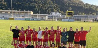 Group of female soccer players in red uniforms pose together on a grassy field after a match, some with fists raised in celebration, wearing medals.",