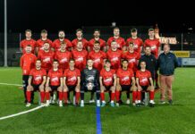 FC Schattdorf II: Mit Teamspirit und Zuversicht in die neue Saison Group photo of a red-jersey soccer team posing on a night field, players arranged in rows with a goalkeeper holding a ball in the center.