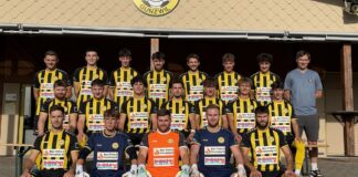 Group photo of a soccer team in yellow and black striped jerseys, with two goalkeepers in blue and orange in the front row.