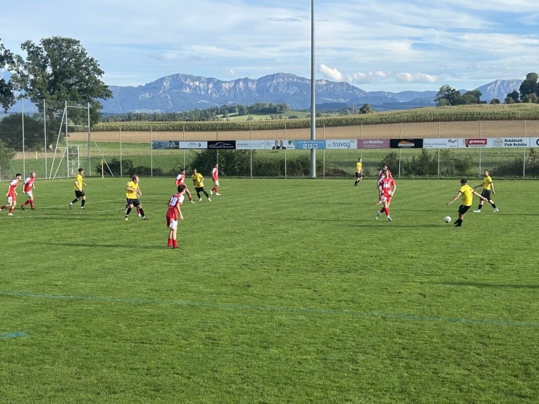 Soccer match on a sunny day with players in red and yellow uniforms; mountains in the distance and advertising boards along the field edge.