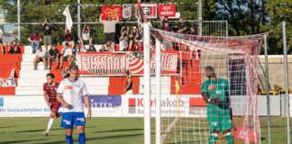 Soccer match near the goal: a white-and-blue player stands by the net while a green-clad goalkeeper watches, with cheering fans and banners in the red-and-white stands behind.