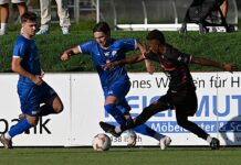 Sicheren Sieg verspielt: Ibach teilt die Punkte mit Malcantone Two soccer players in blue and black jerseys challenge for the ball along advertising boards on a grassy field.