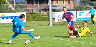 Soccer scene: blue-clad goalkeeper about to kick a ball as a yellow-shirted opponent slides in from the right on a green field.