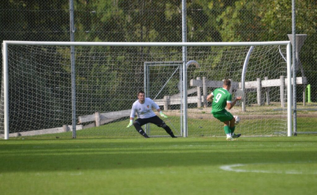 Soccer scene: goalkeeper in white saves as a green-clad player (number 9) shoots toward the goal on a grassy field behind a netted goal.