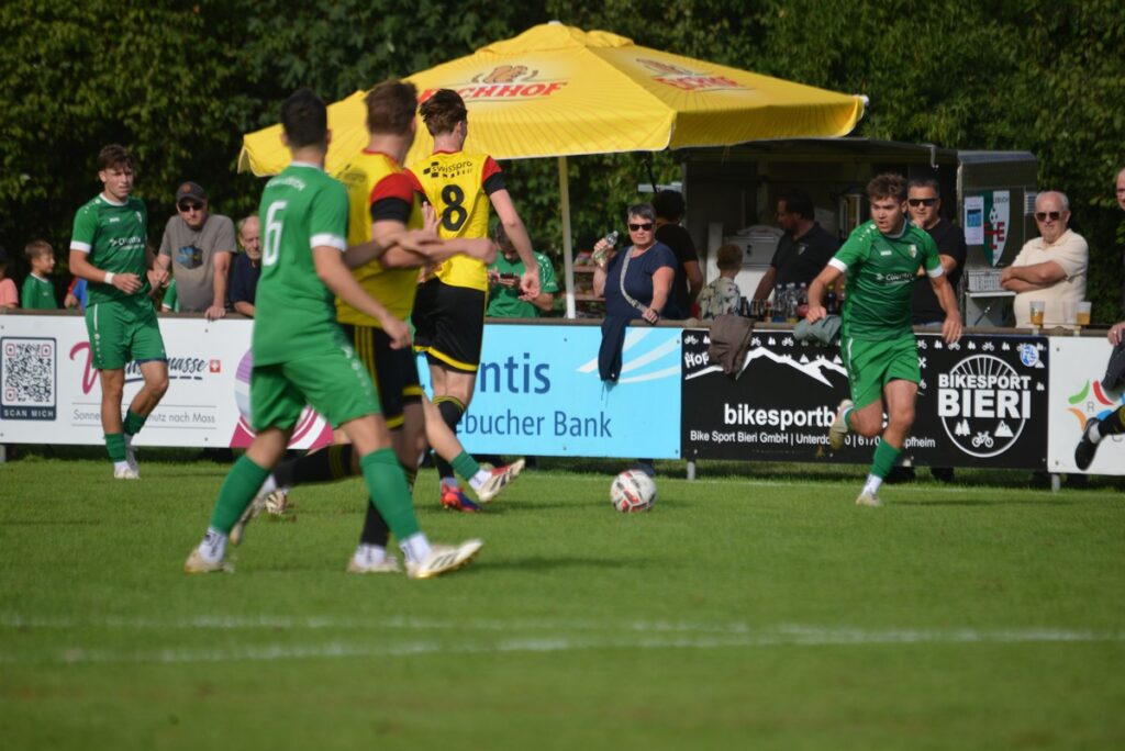 Soccer players in green and yellow battle for the ball on a grassy field, with spectators and sponsor banners in the background.