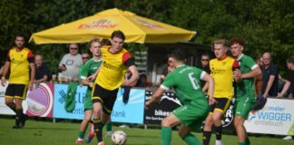 Soccer match with players in yellow and green chasing a ball on a grassy field; spectators and a yellow umbrella in the background.