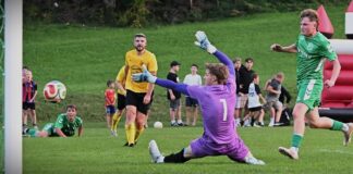 Soccer goalkeeper in purple dives to block a shot near the goal as players watch on a grassy field.