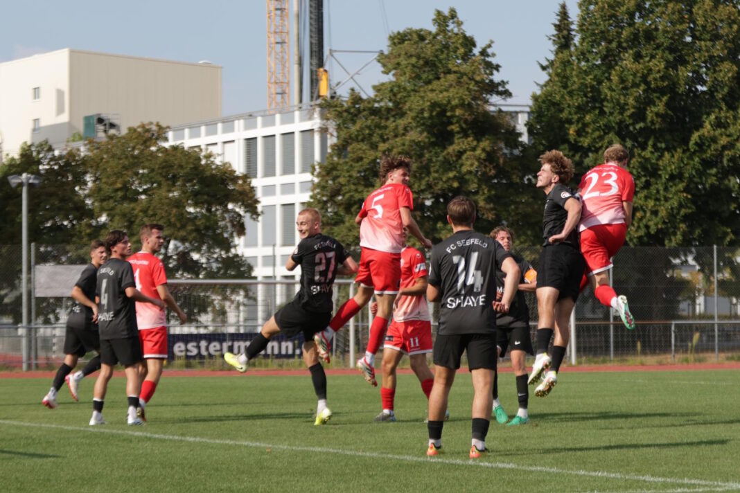 Soccer players in red and black jerseys jump in the air during a match on a green field, celebrating near the goal area.