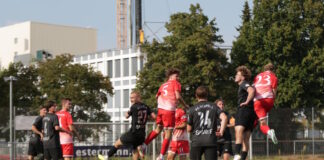 Soccer players in red and black jerseys jump in the air during a match on a green field, celebrating near the goal area.
