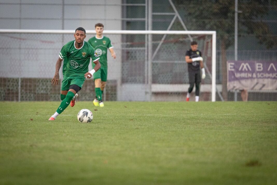 sckriens Soccer player in a green kit dribbles the ball on a grass field with teammates and a goalkeeper in the goal behind.