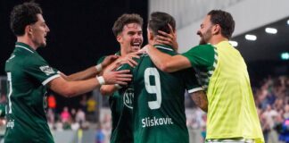 Soccer players in green celebrate a goal, hugging on the field.